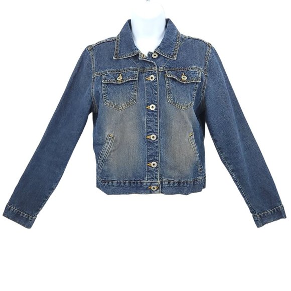 Express Jeans Denim Jacket Womens Size M Button Front Distressed Medium Wash - Picture 1 of 15